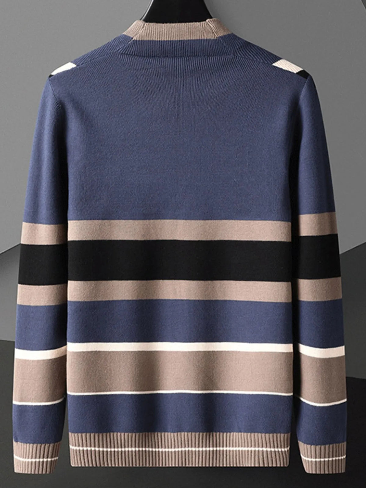 Men's Blue striped cardigan displayed on a hanger against a gray background; white shirt is not included.