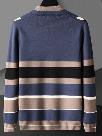Men's Blue striped cardigan displayed on a hanger against a gray background; white shirt is not included.