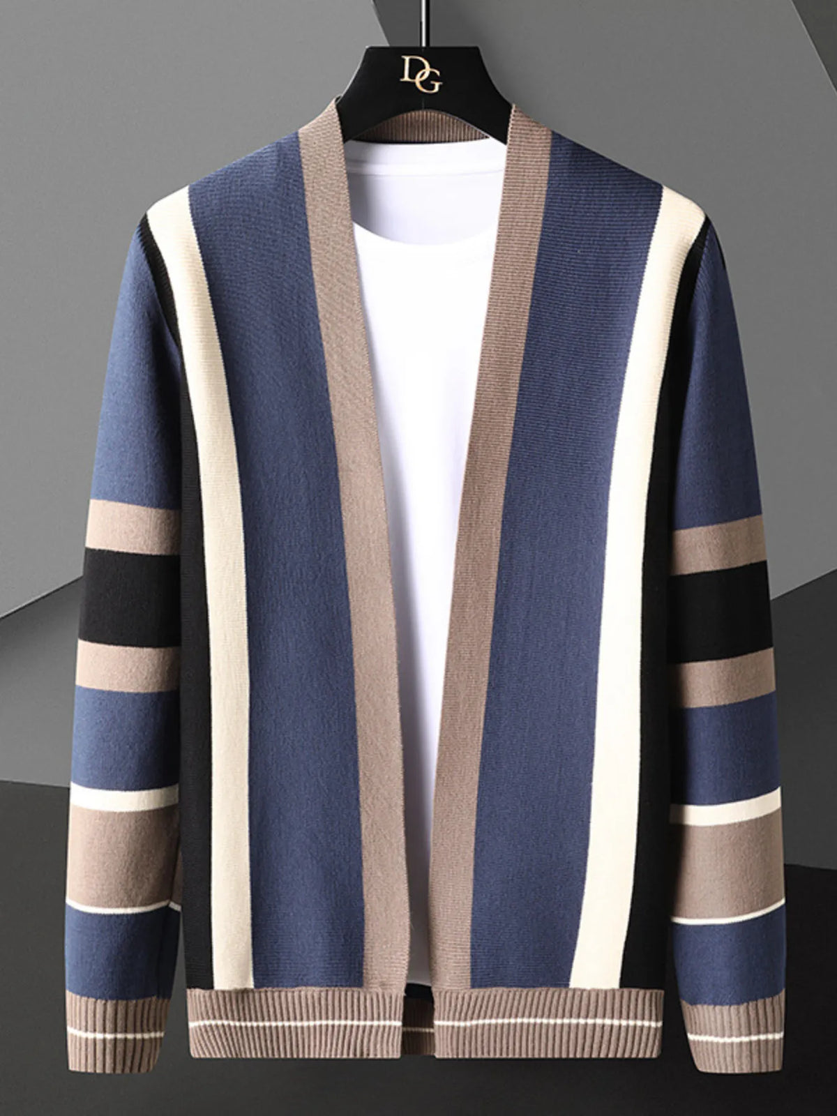 Men's Blue striped open-front cardigan, front view with ribbed trim. White shirt and hanger are styling props.