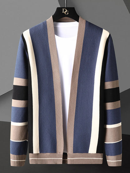 Men's Blue striped open-front cardigan, front view with ribbed trim. White shirt and hanger are styling props.