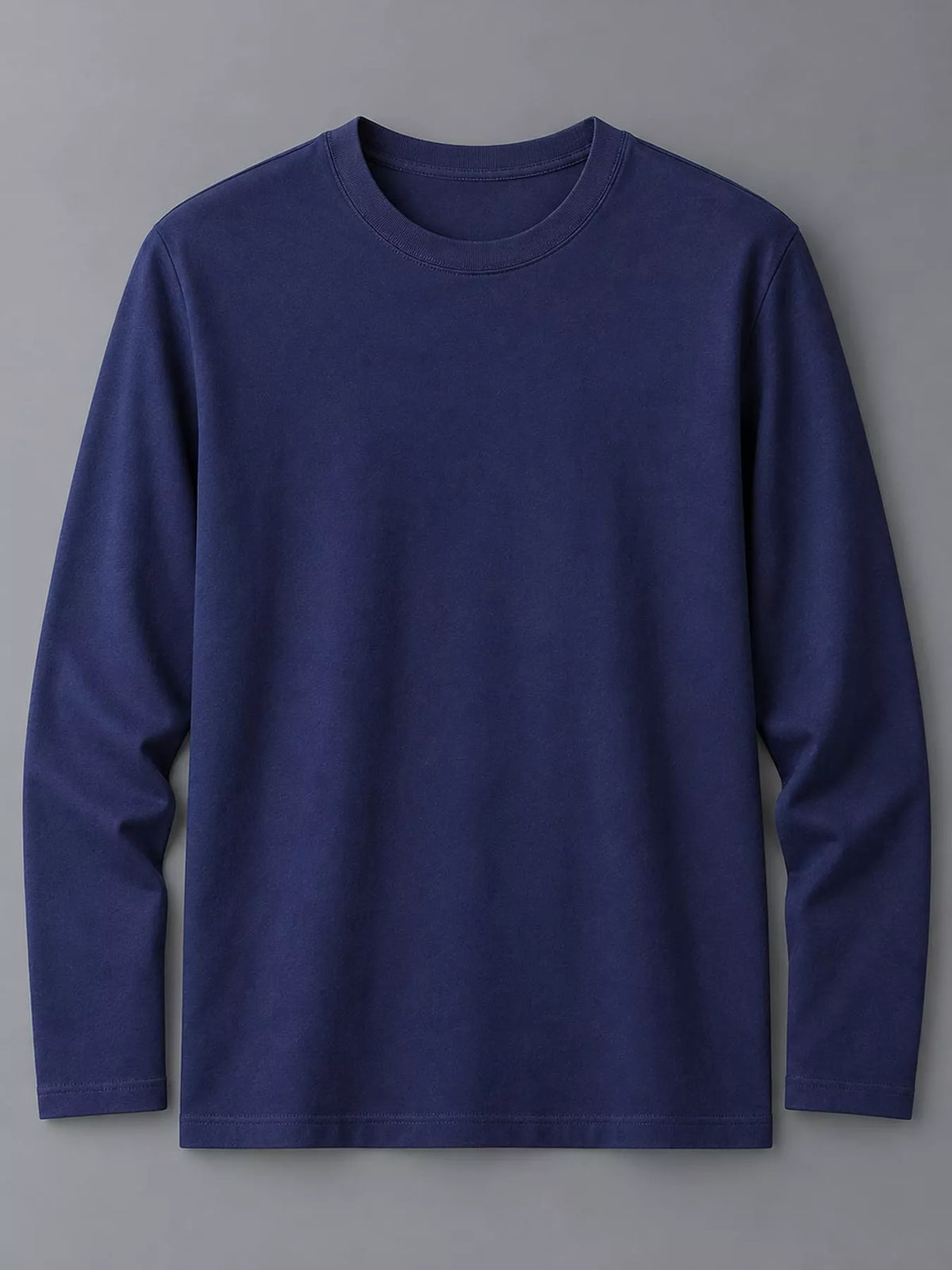 Navy men's cotton long-sleeve crewneck tee, laid flat.