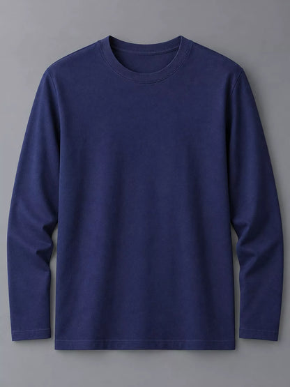 Navy men's cotton long-sleeve crewneck tee, laid flat.