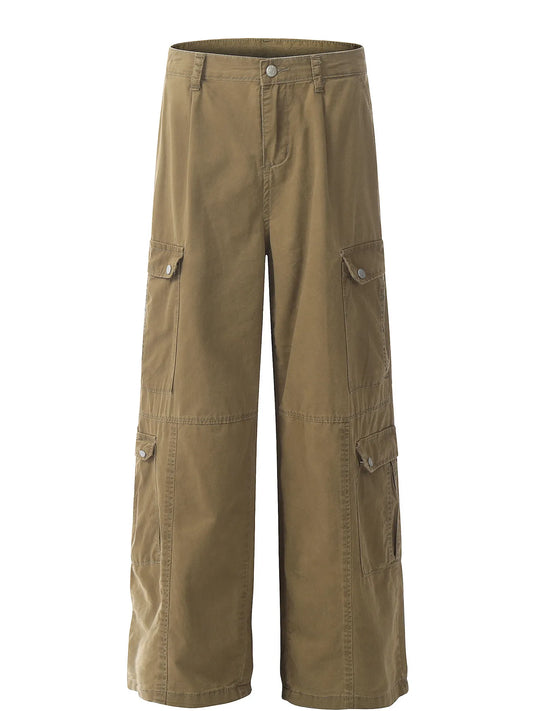 Olive wide-leg men's trousers front showing button waist, belt loops and flap pockets along the legs.