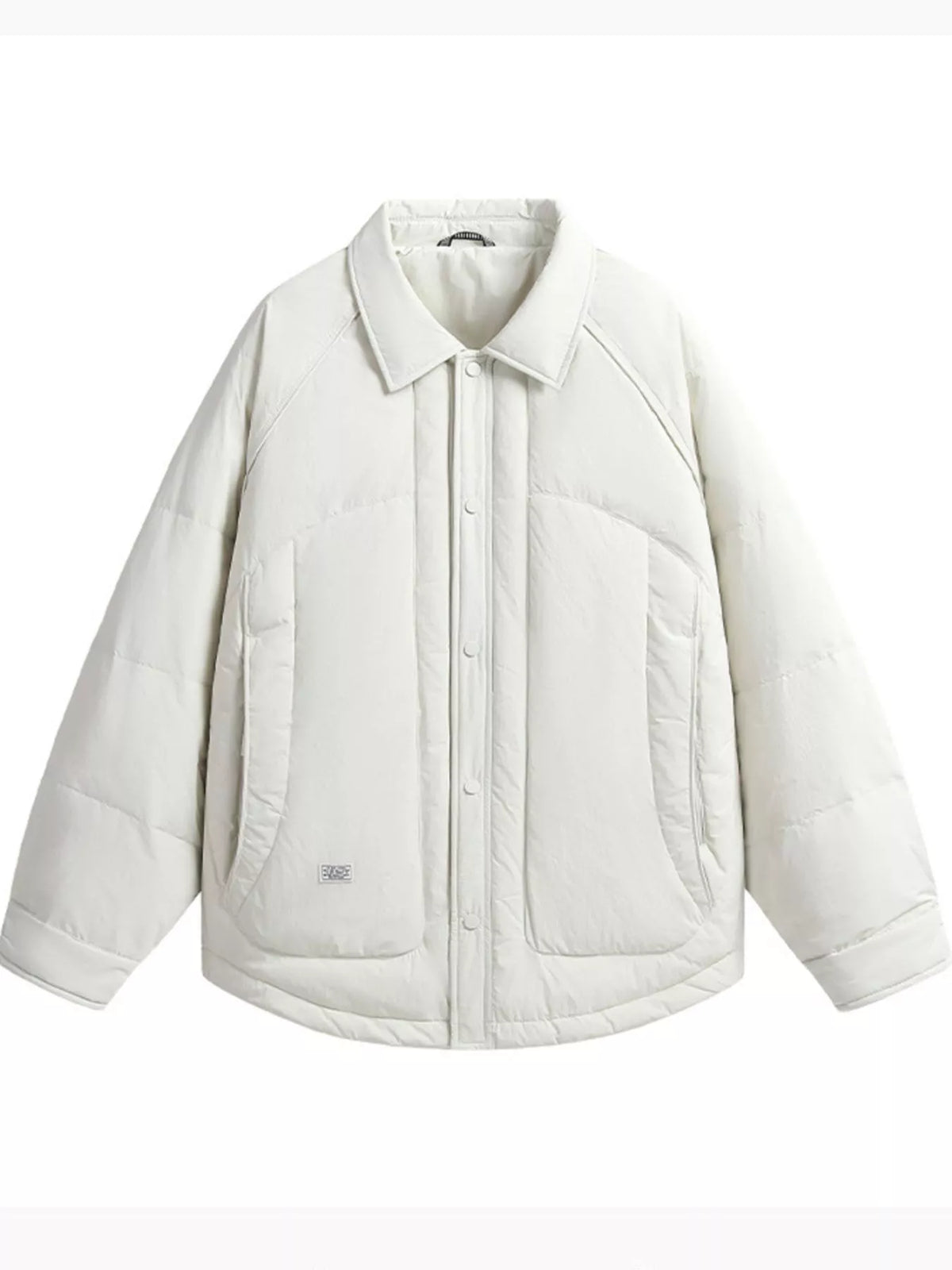 Cream padded jacket front with point collar, snap fastening and large lower pockets.