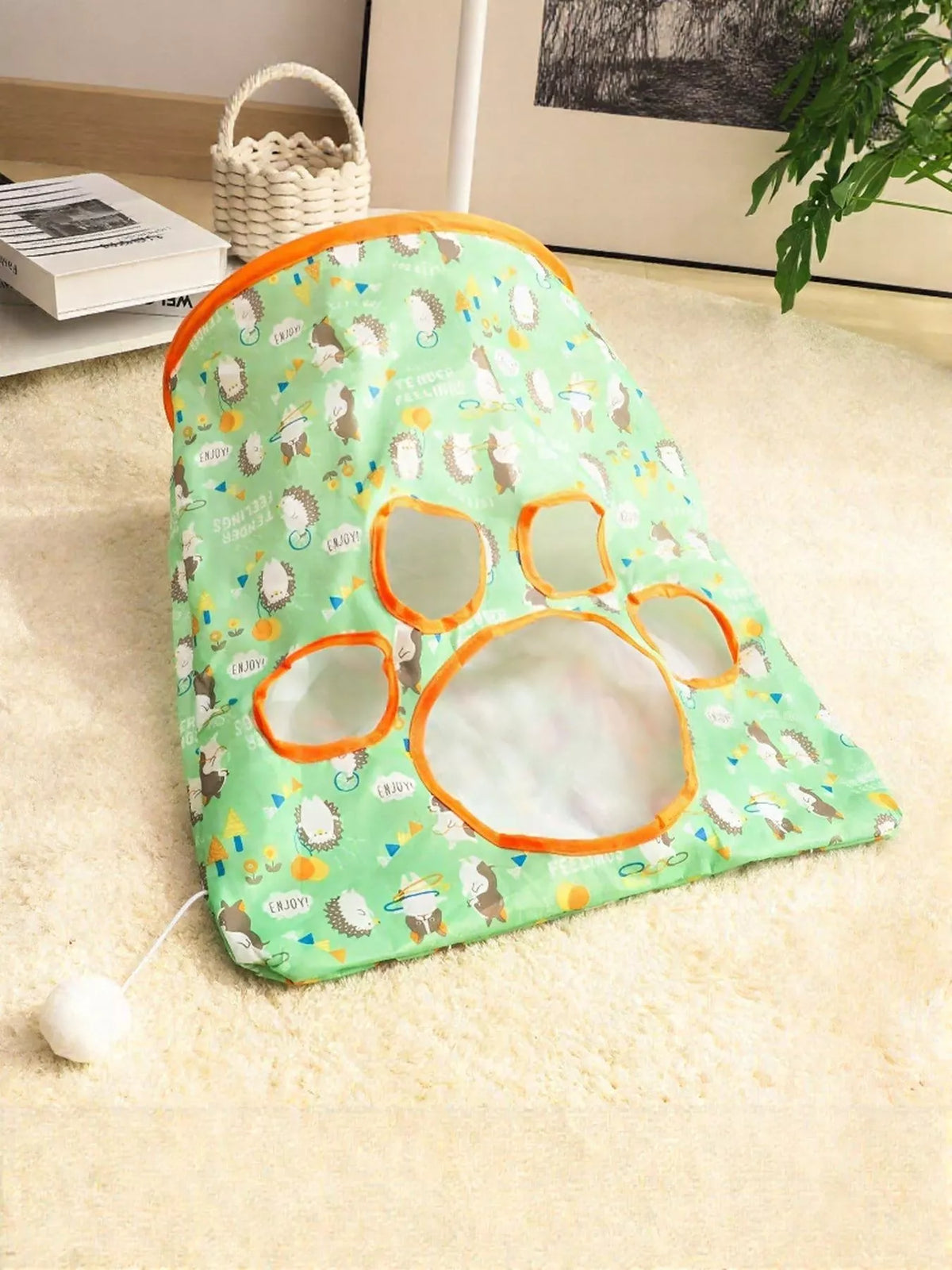 Hedgehog Pattern green collapsible cat tunnel folded flat