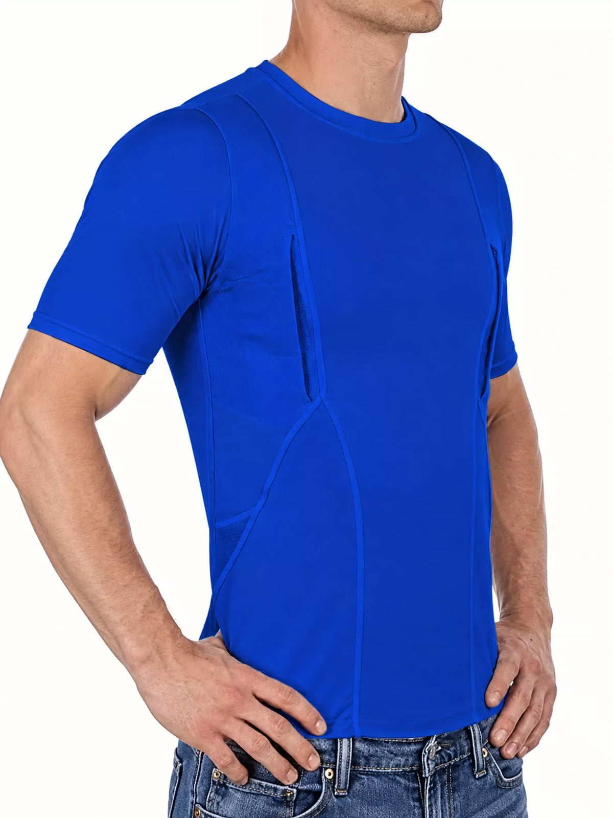 Side view of the royal blue active T-shirt worn by a model.