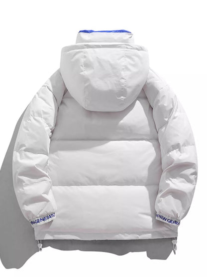 Men's white hooded jacket, garment-only back view showing hood and horizontal stitching
