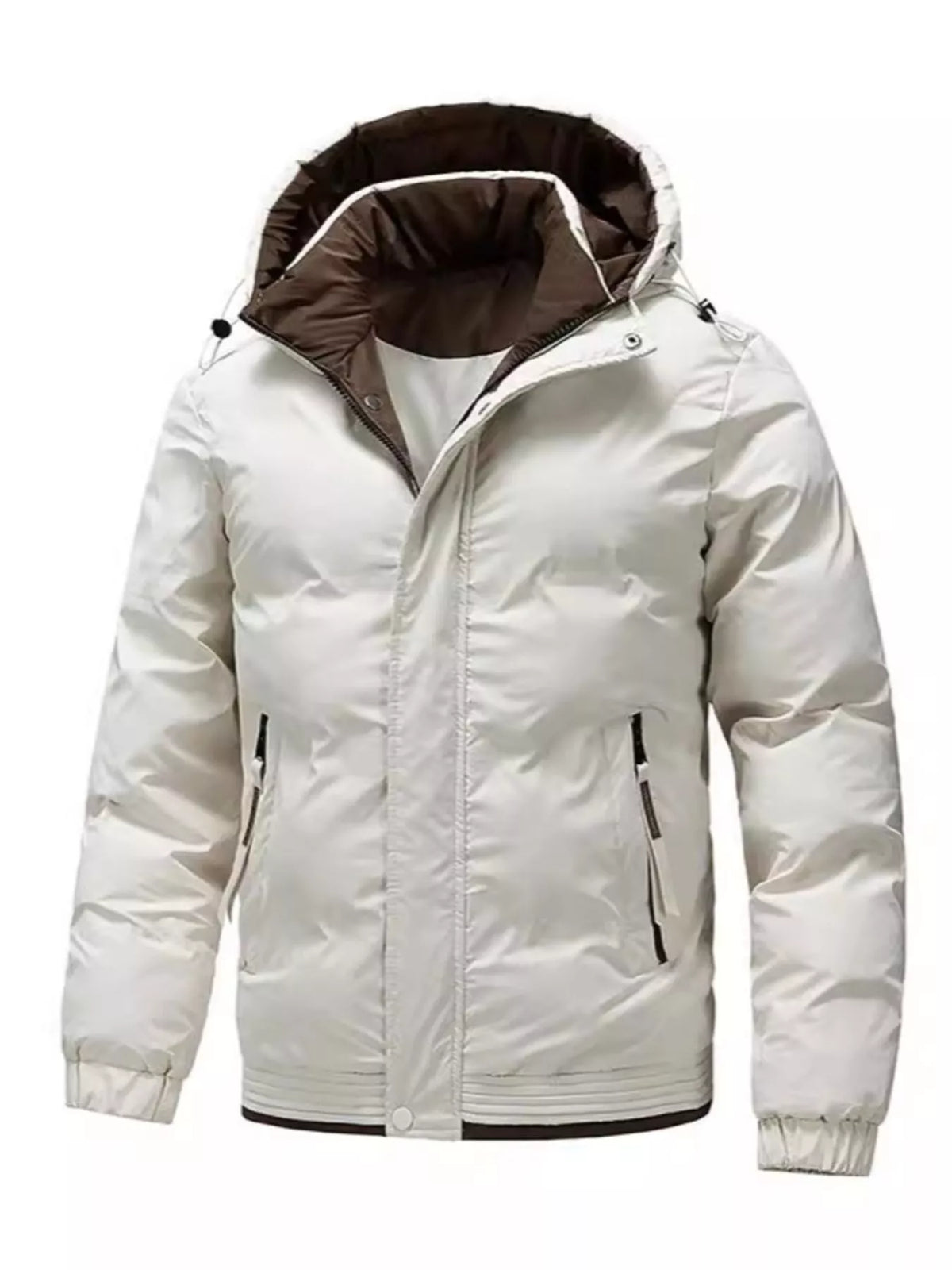 Men's off-white hooded puffer jacket, front view with brown collar lining
