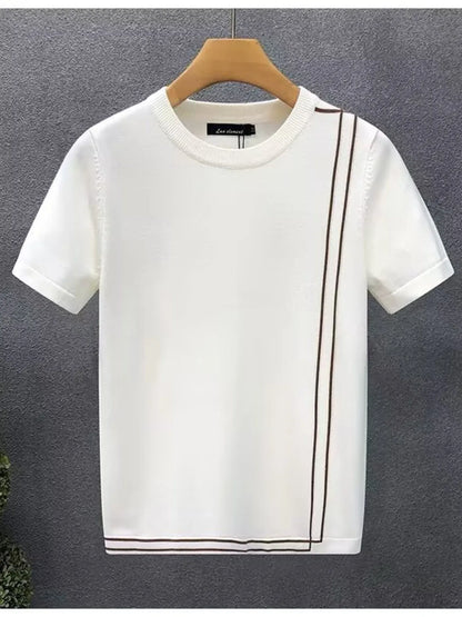 White short-sleeve contrast-trim T-shirt on a hanger, front view.