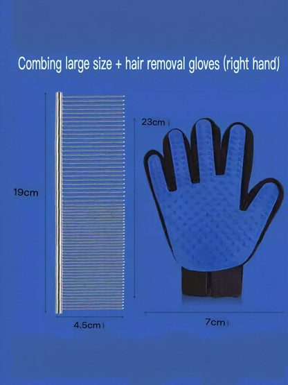 Large stainless-steel comb shown with a blue right-hand grooming glove.