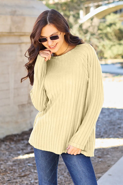Basic Bae opaque ribbed long-sleeve knit top in Light Yellow, front view