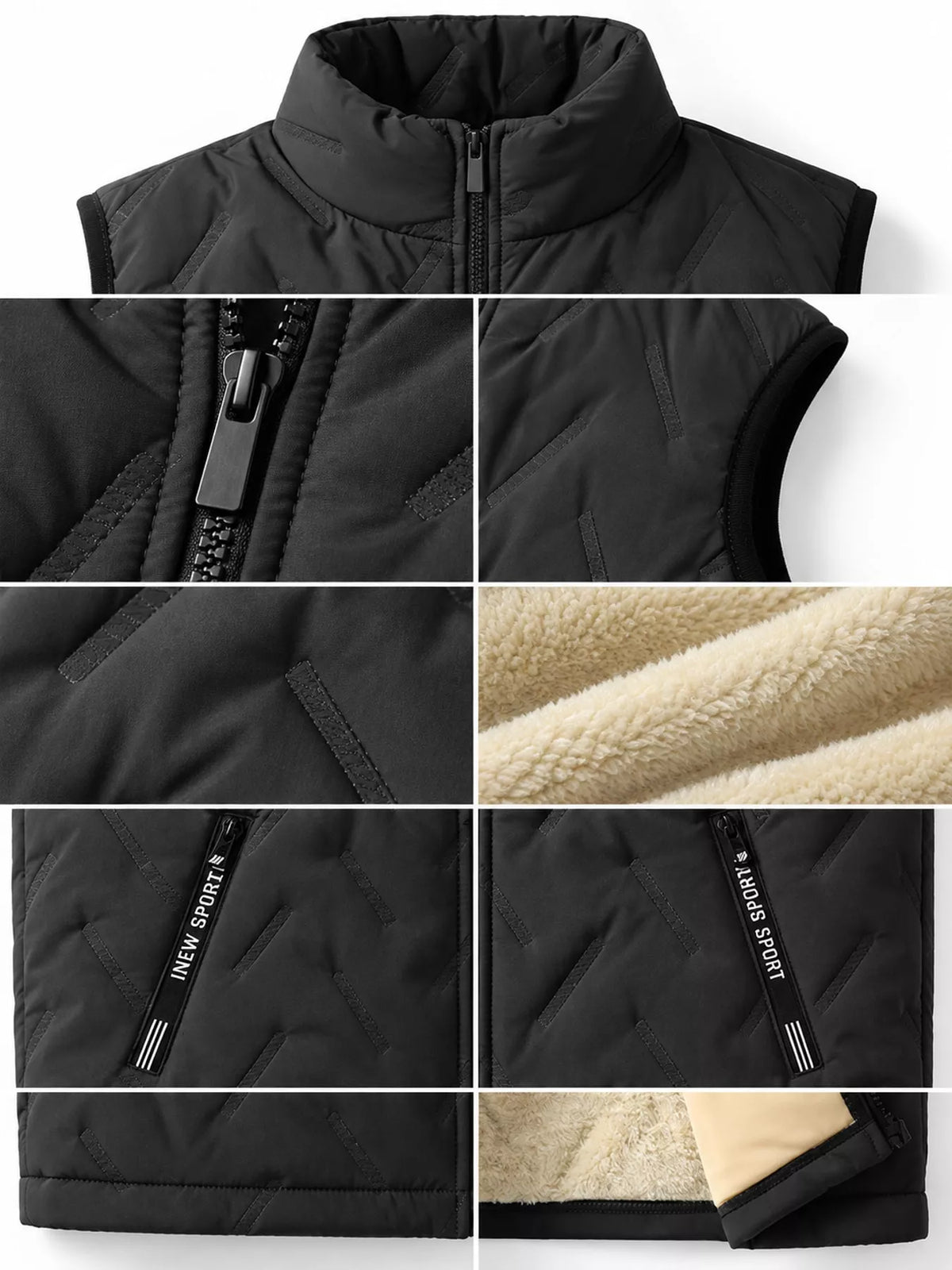 Black stand-collar men's fleece-lined quilted vest, collar, zipper, lining and pocket detail panels. One vest only.