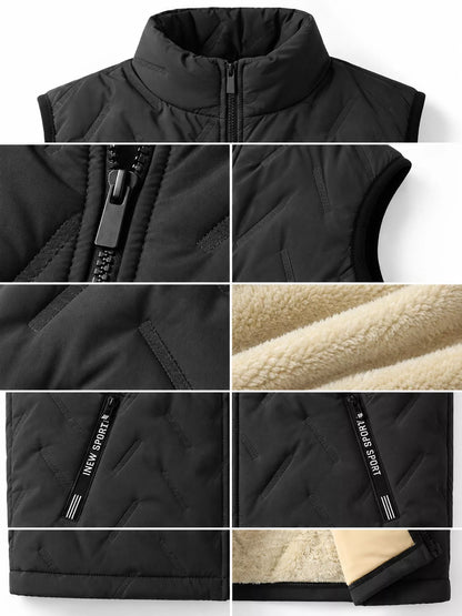 Black stand-collar men's fleece-lined quilted vest, collar, zipper, lining and pocket detail panels. One vest only.