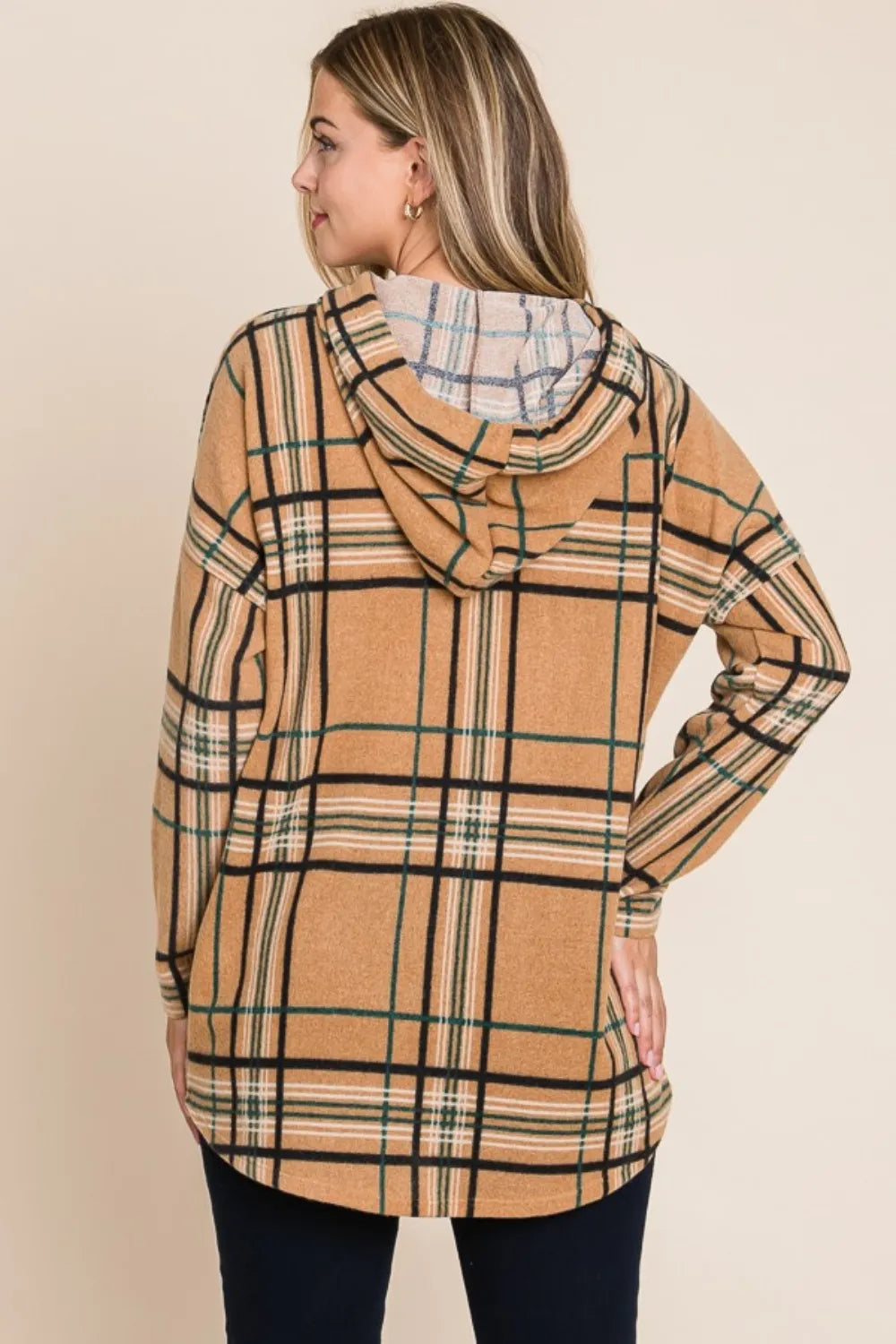Back view of taupe BOMBOM plaid hoodie showing the hood and curved hem