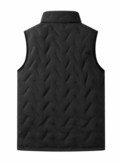 Black stand-collar men's fleece-lined quilted vest, rear view. One vest only.