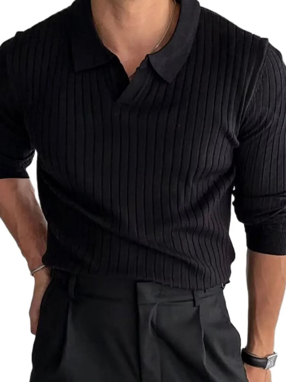 Black ribbed polo, closer front view; polo shirt only.