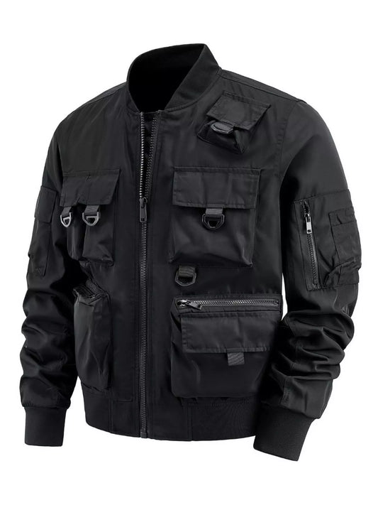 Black bomber jacket with multiple flap and zip pockets, front view