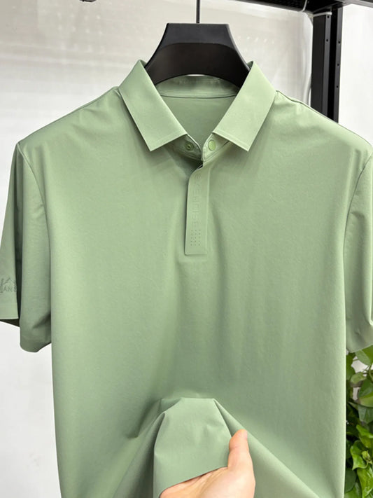 Olive Green short-sleeve polo on a hanger, front view with lower fabric held
