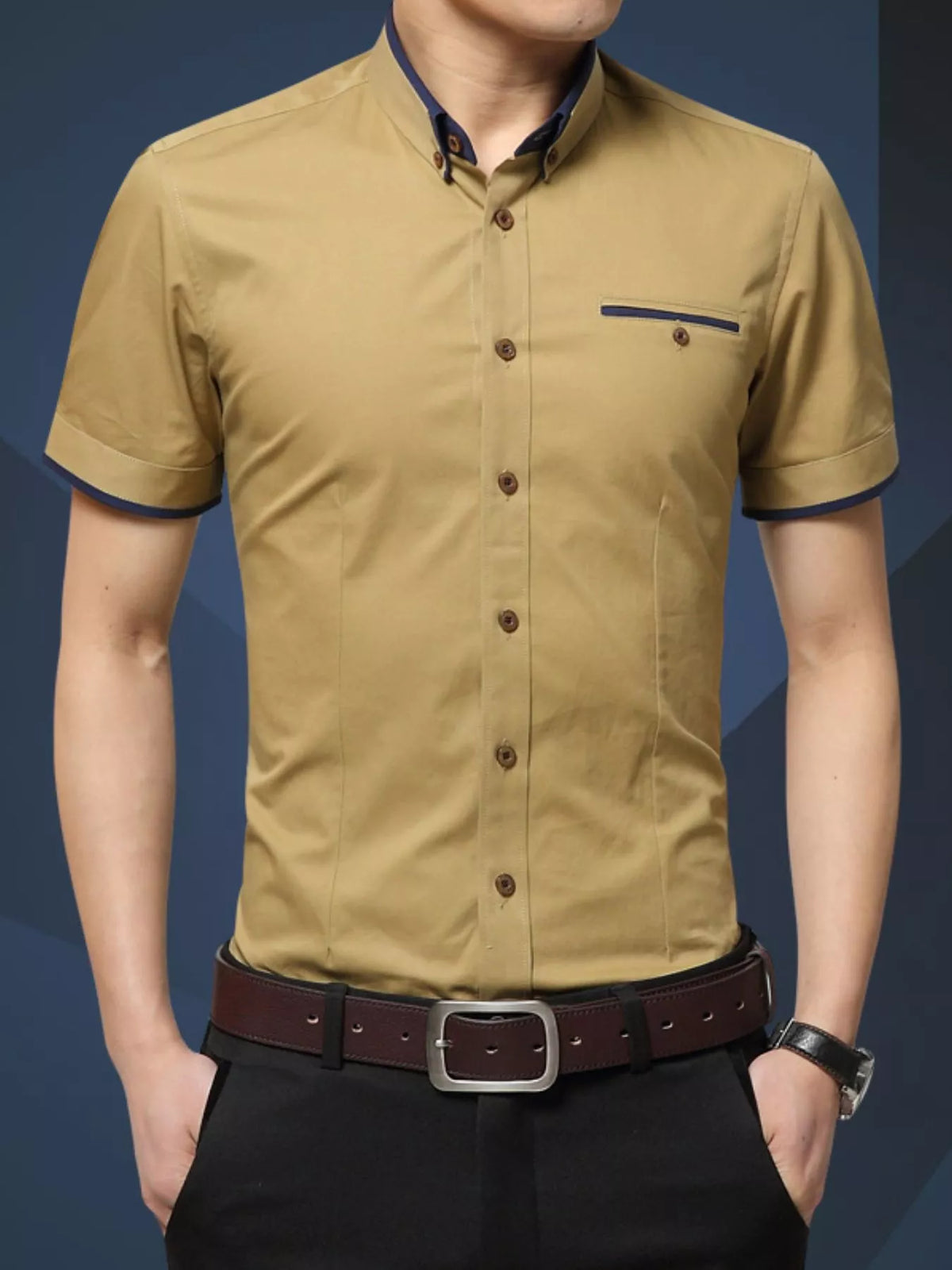 Men's Khaki button-up short-sleeve shirt, front view. Shirt only; styling accessories not included.