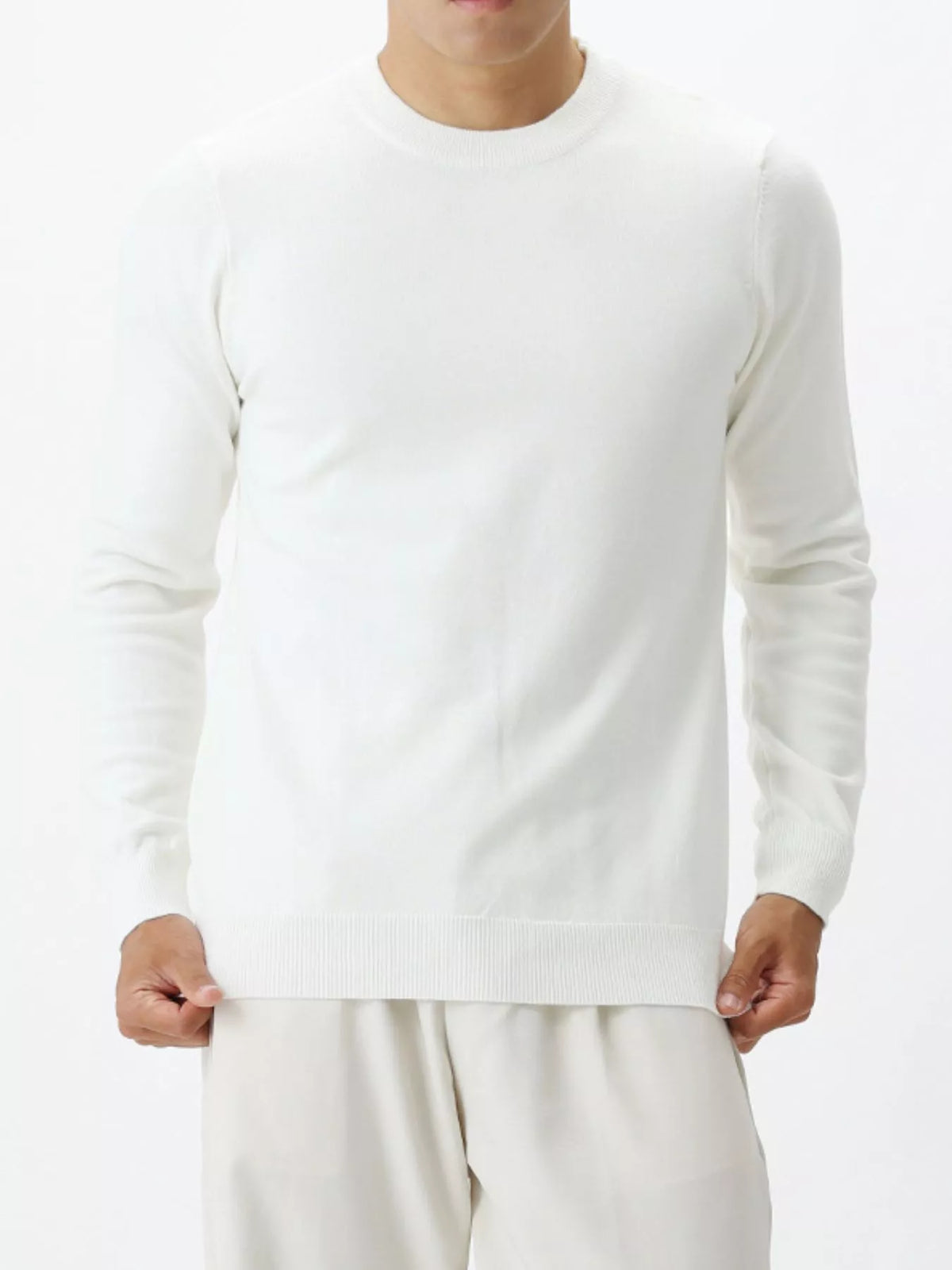 Men's long-sleeve crew-neck sweater in White, front view.