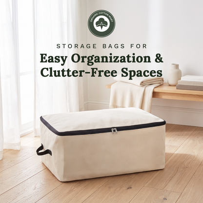 Canvas storage bag with zipper displayed on a bedroom floor