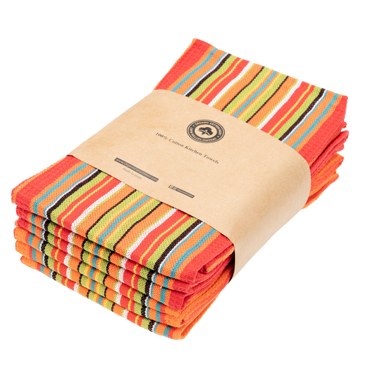 Six folded Red & Orange Salsa Stripe cotton kitchen towels in a paper band