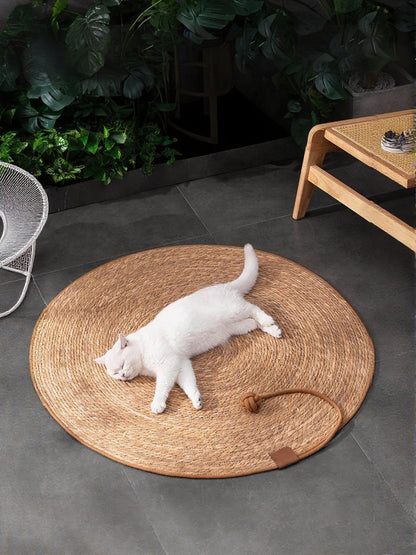 White cat stretched out on a round natural braided pet mat, with a chair and fan shown as styling props.
