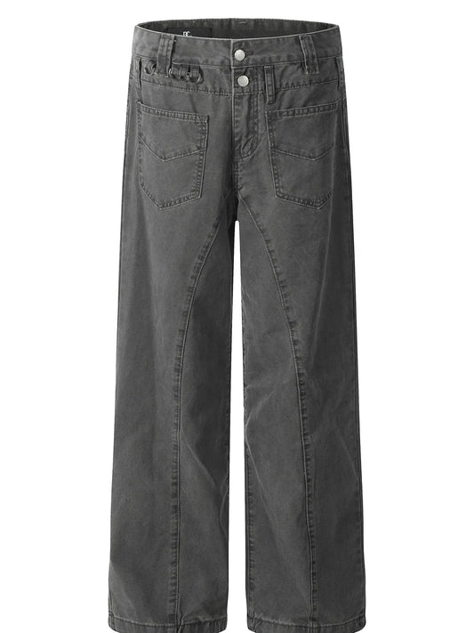 Front view of charcoal grey men's wide-leg cotton trousers with patch pockets, a two-button waistband and curved leg seams.