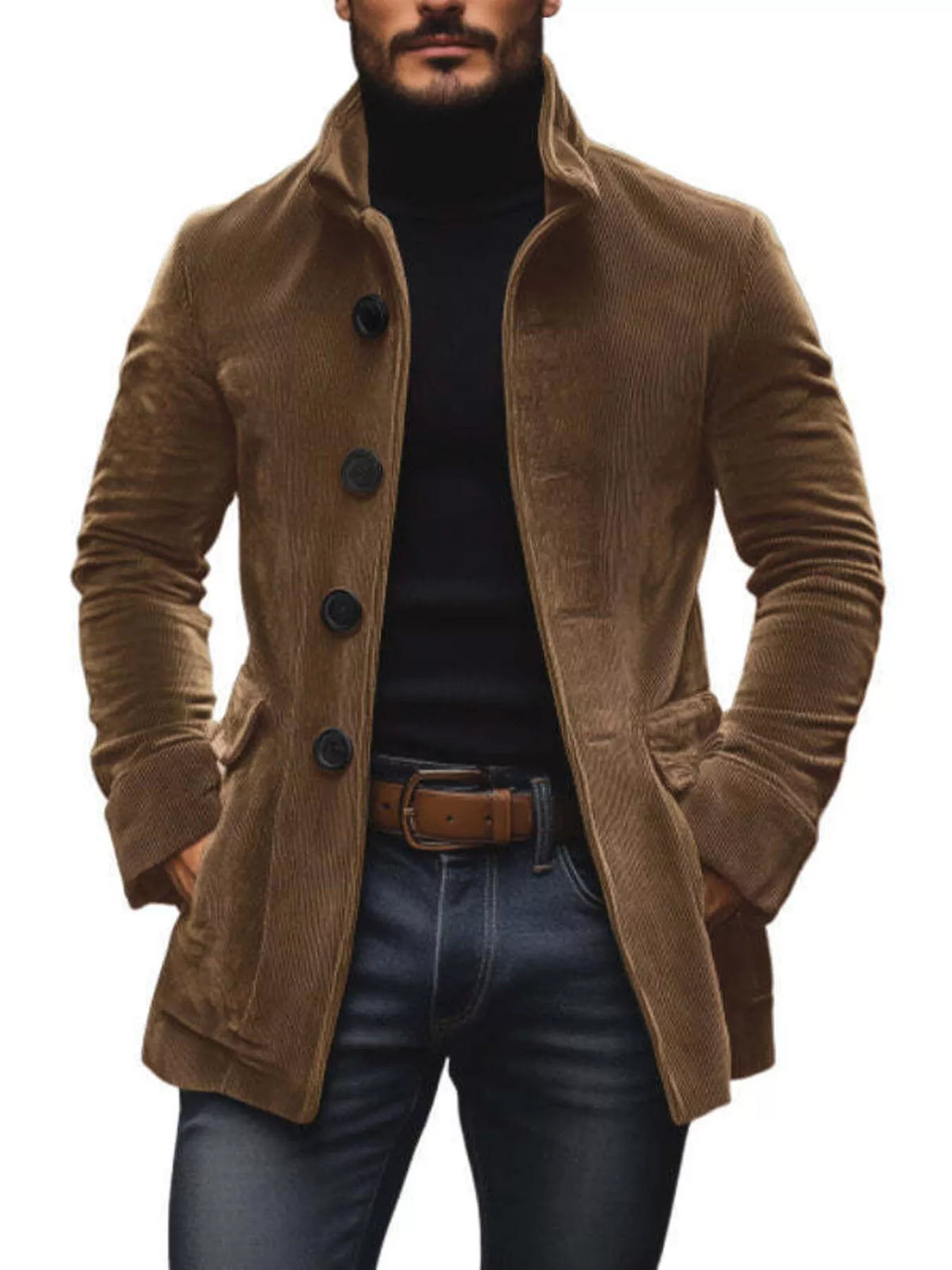 Camel stand-collar button-front coat with pockets, shown over a black top and trousers. Coat only.