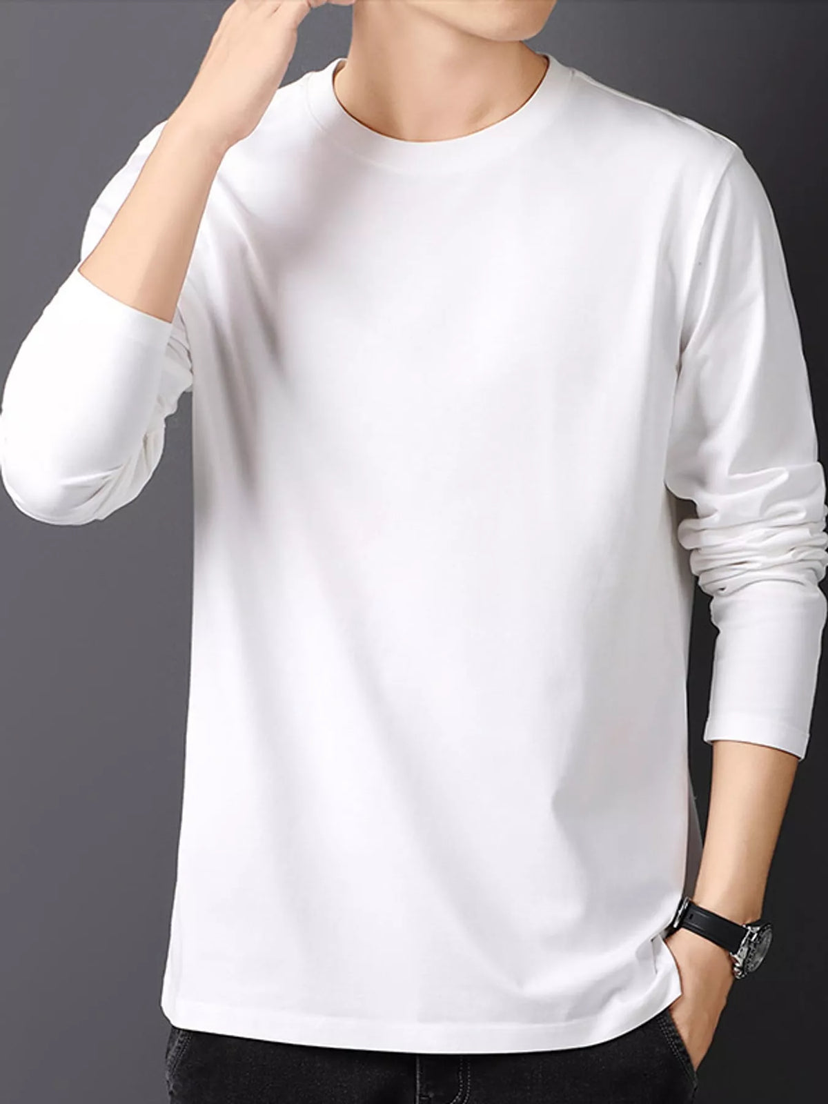 White men's cotton long-sleeve crewneck tee, front view.
