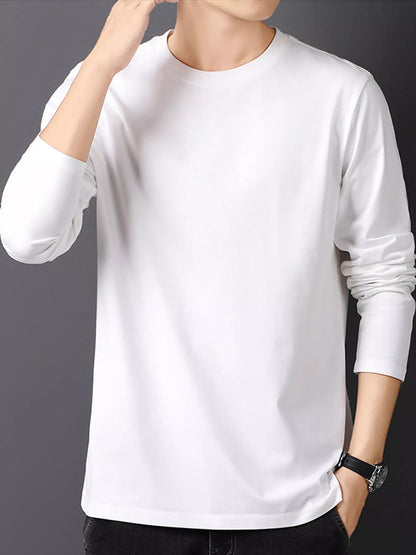 White men's cotton long-sleeve crewneck tee, front view.