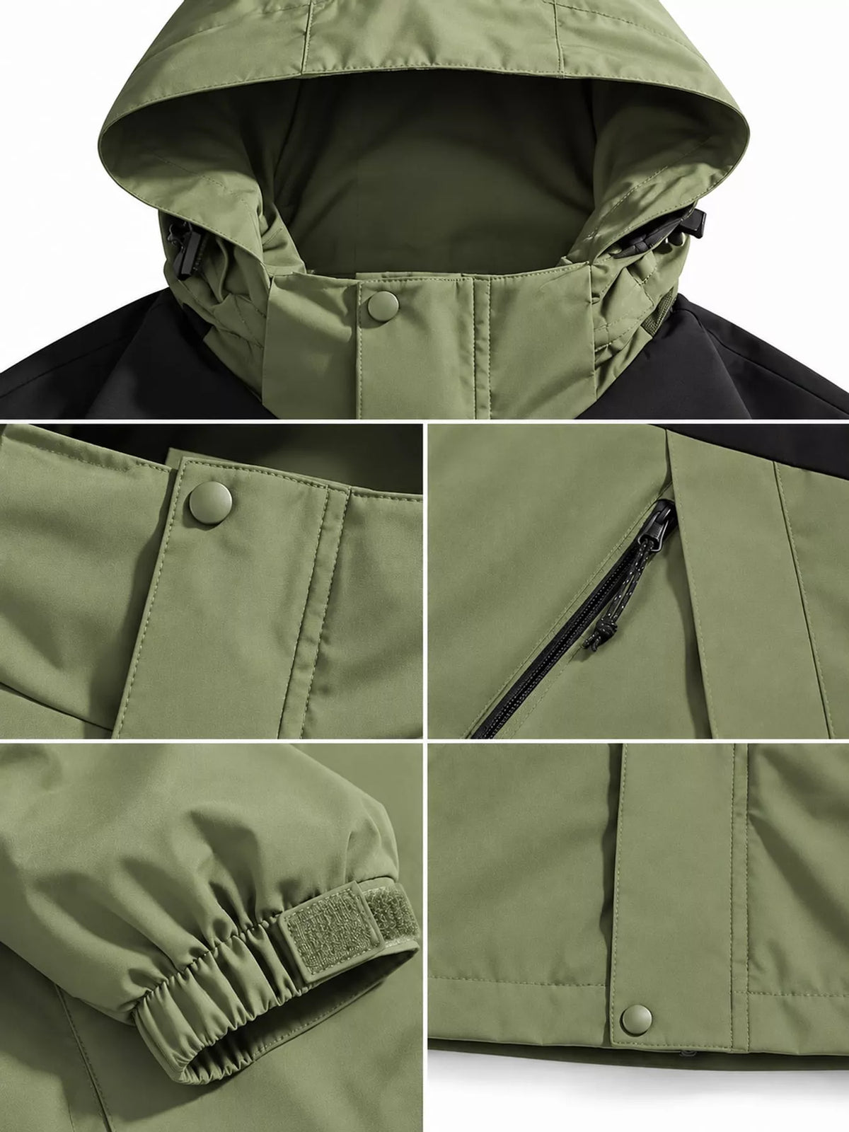Green windbreaker hood, front cover, zipped pocket and cuff details.