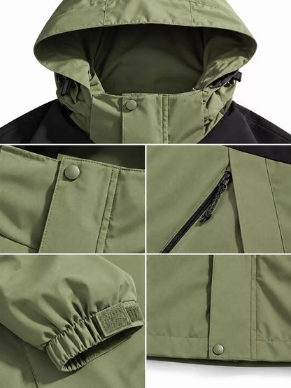 Green windbreaker hood, front cover, zipped pocket and cuff details.
