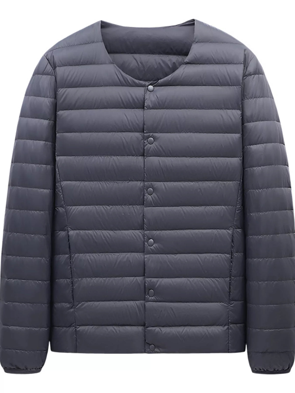 Gray snap-front quilted jacket, garment-only front view