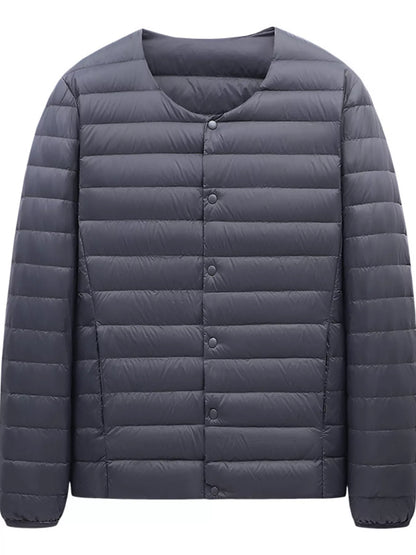 Gray snap-front quilted jacket, garment-only front view