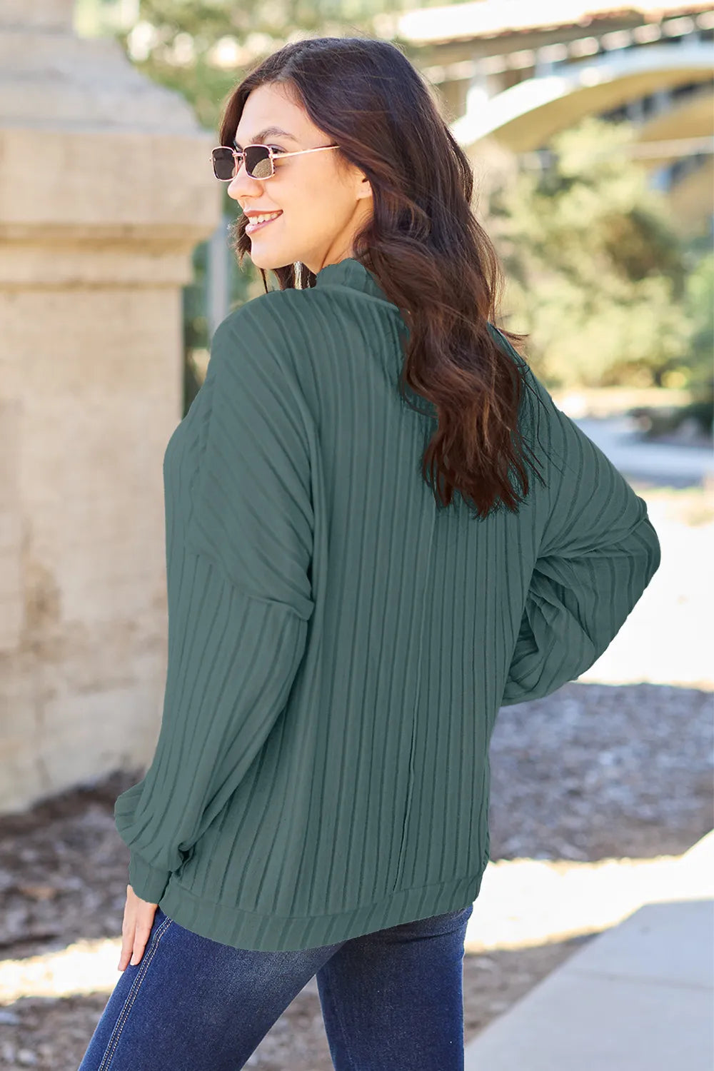 Basic Bae ribbed mock-neck long-sleeve knit top in Turquoise, back view; top only.