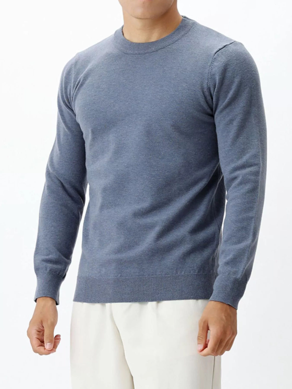 Men's long-sleeve crew-neck sweater in Dark Blue, front view.