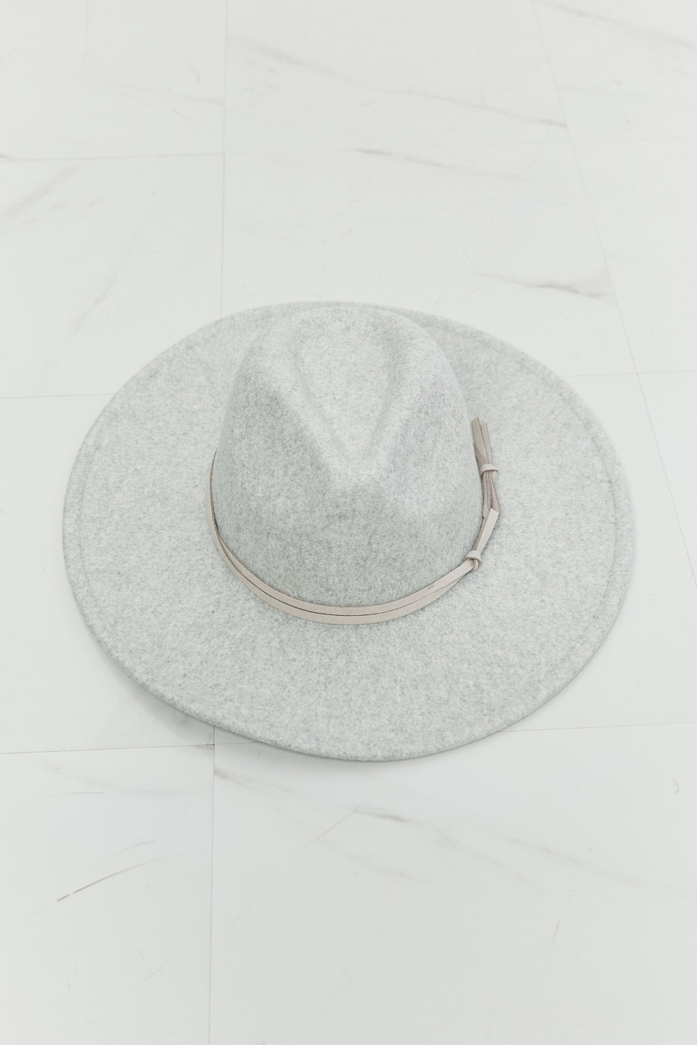 Fame light-gray fedora hat with wide brim — top view