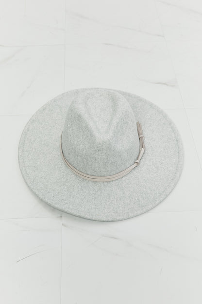 Fame light-gray fedora hat with wide brim — top view