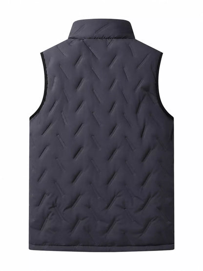 Gray stand-collar men's fleece-lined quilted vest, rear view. One vest only.