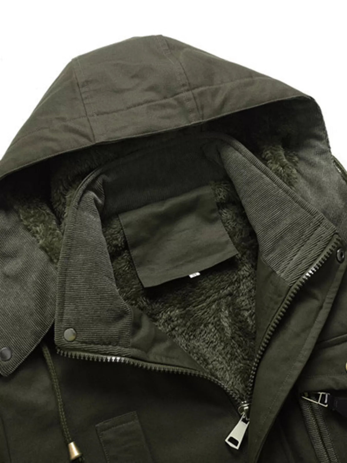 Close-up of the Army Green jacket hood and collar showing the textured interior and front zip.
