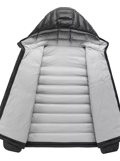 Black jacket opened to show the light gray interior and inside pocket.