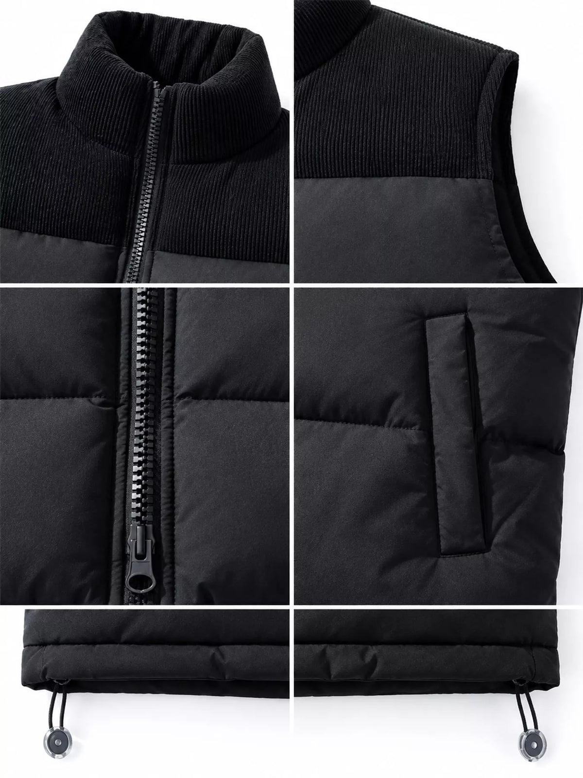 Black men's corduroy-panel puffer vest, detail collage view. One vest is sold.