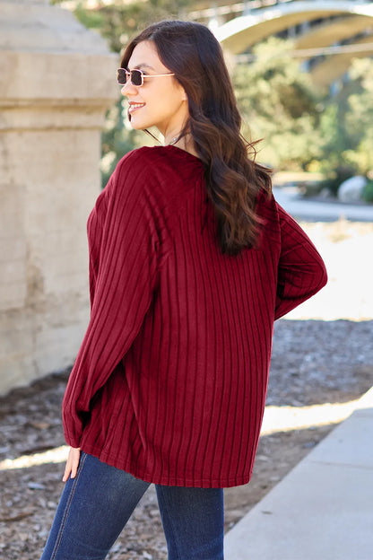 Basic Bae opaque ribbed long-sleeve knit top in Scarlet, back view