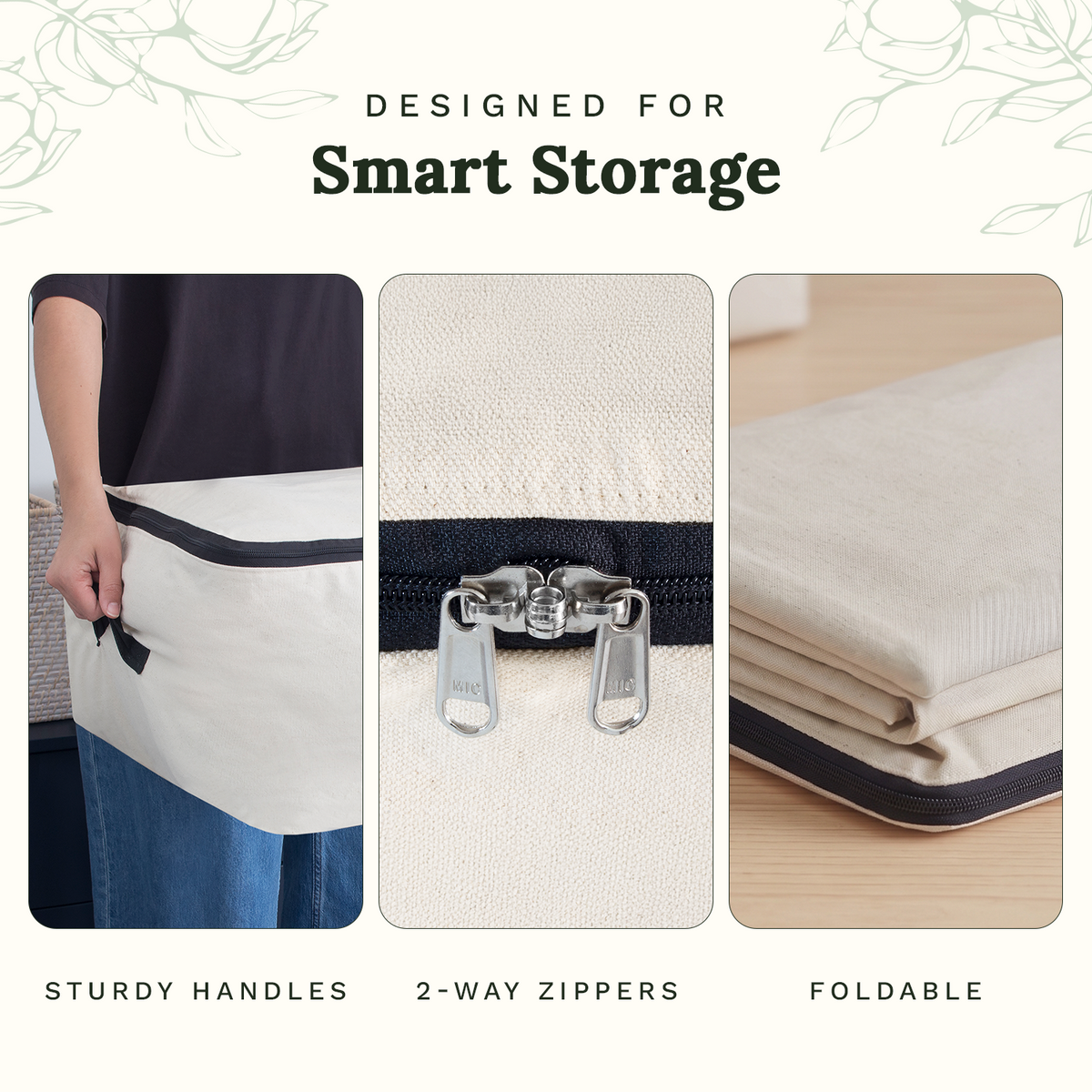 Close views of the storage bag handles, two-way zipper, and folded canvas