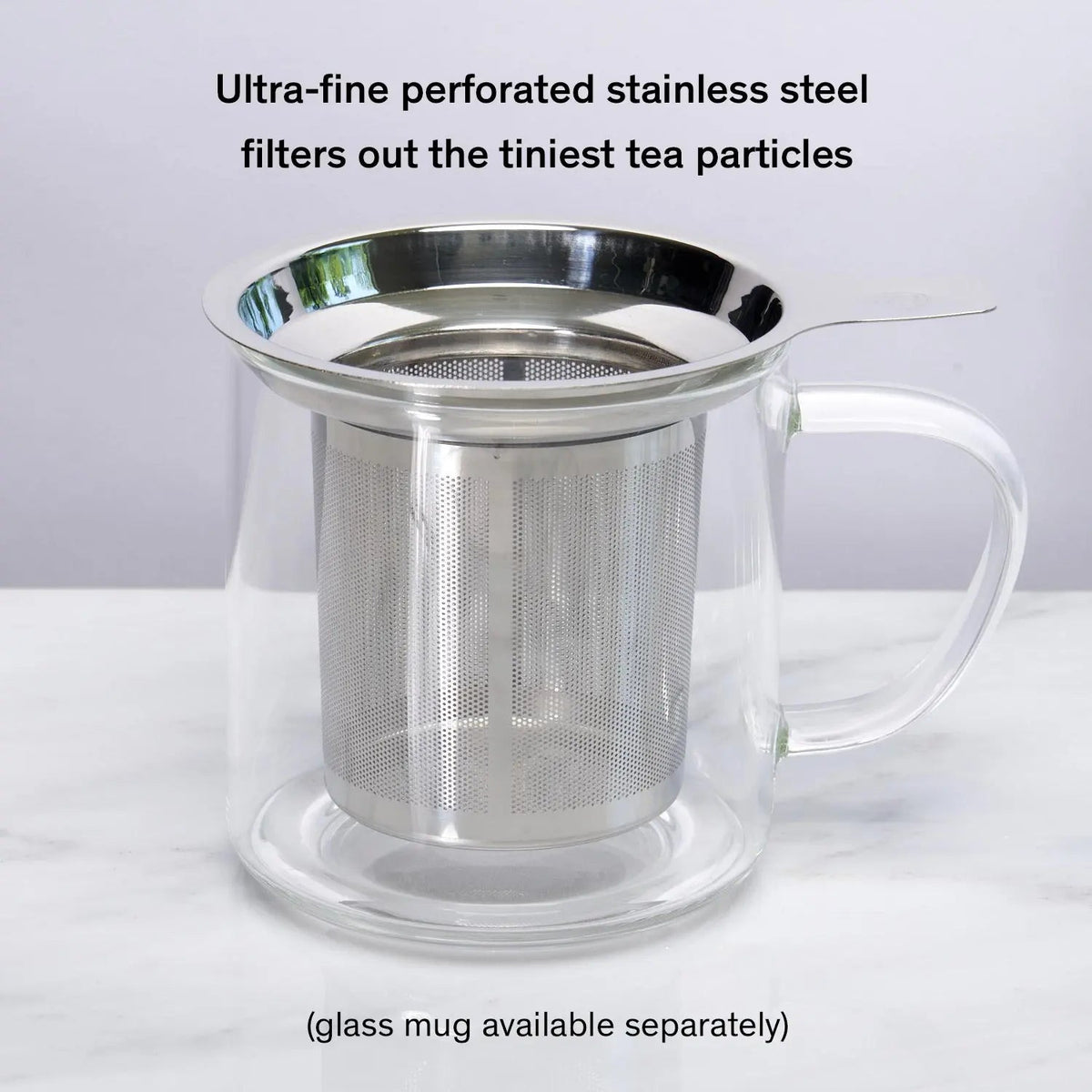 Stainless tea infuser shown in a mug