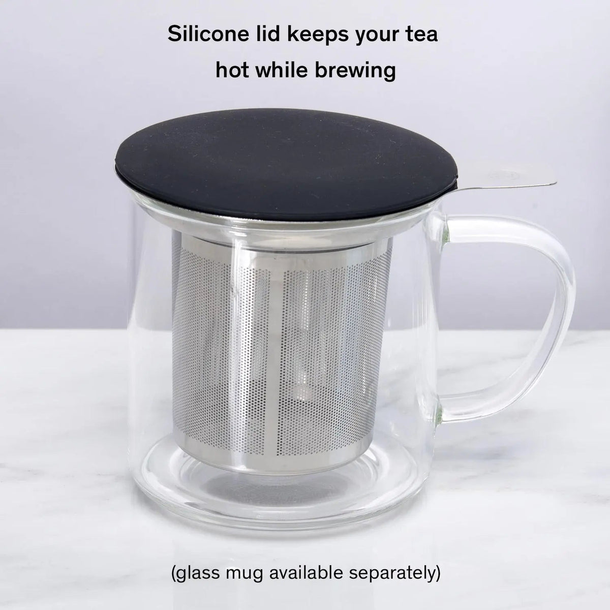 Stainless tea infuser with lid shown in a mug