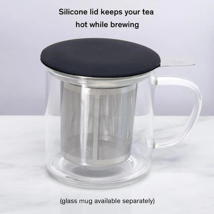 Stainless tea infuser with lid shown in a mug
