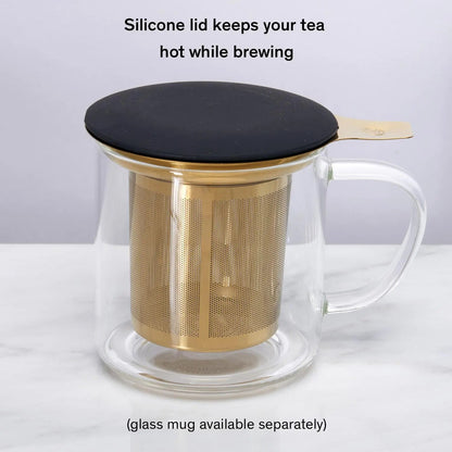 Gold Stainless tea infuser with lid shown in a mug