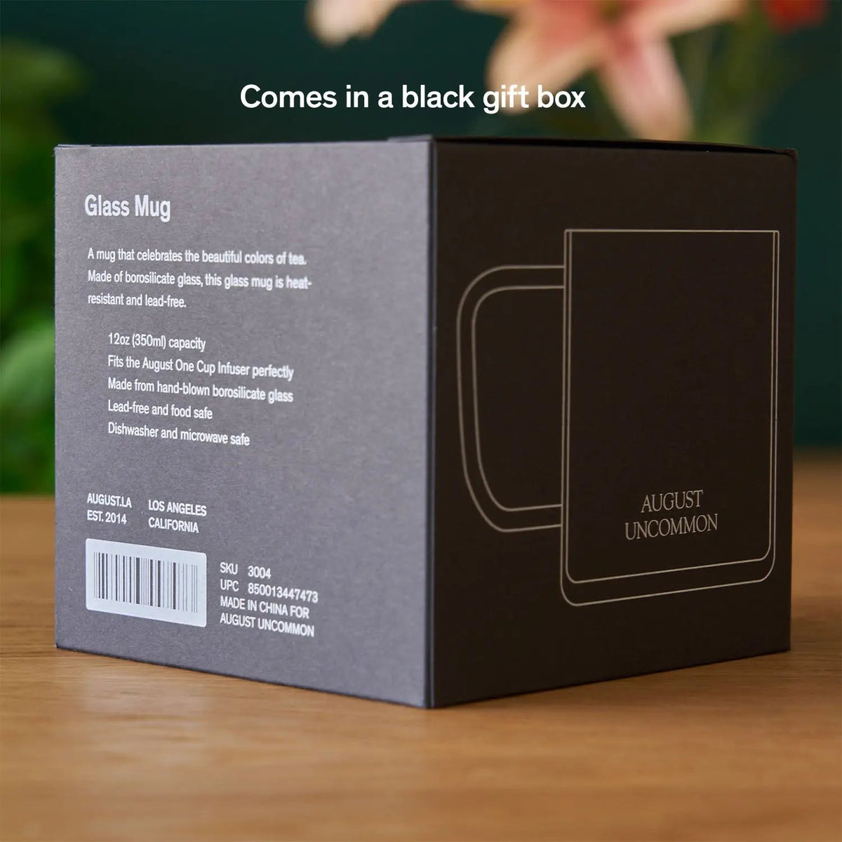 August glass mug packaging showing product information